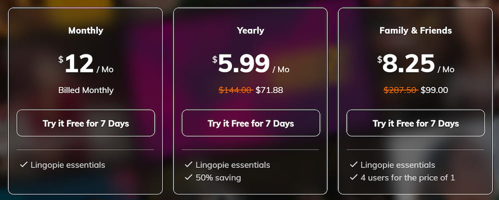 Lingopie Korean pricing